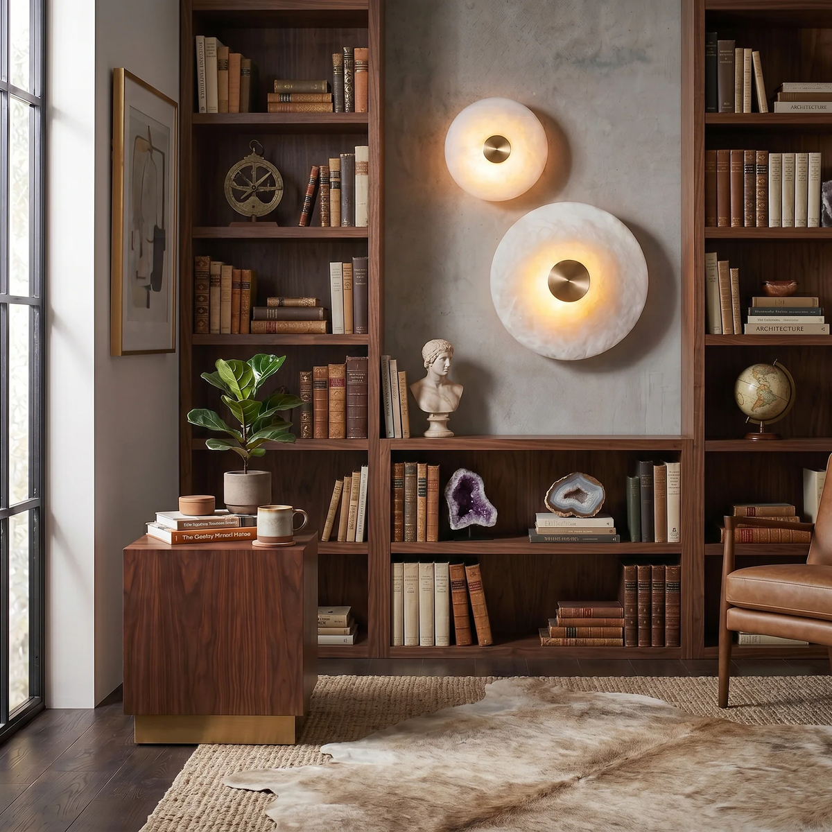 Two sized disc alabaster wall lights installed beside wooden bookshelf study room