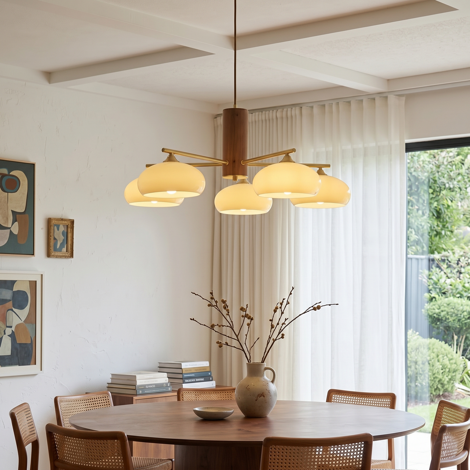 Mid Century Modern Wood Mushroom Chandelier Over Dining Table