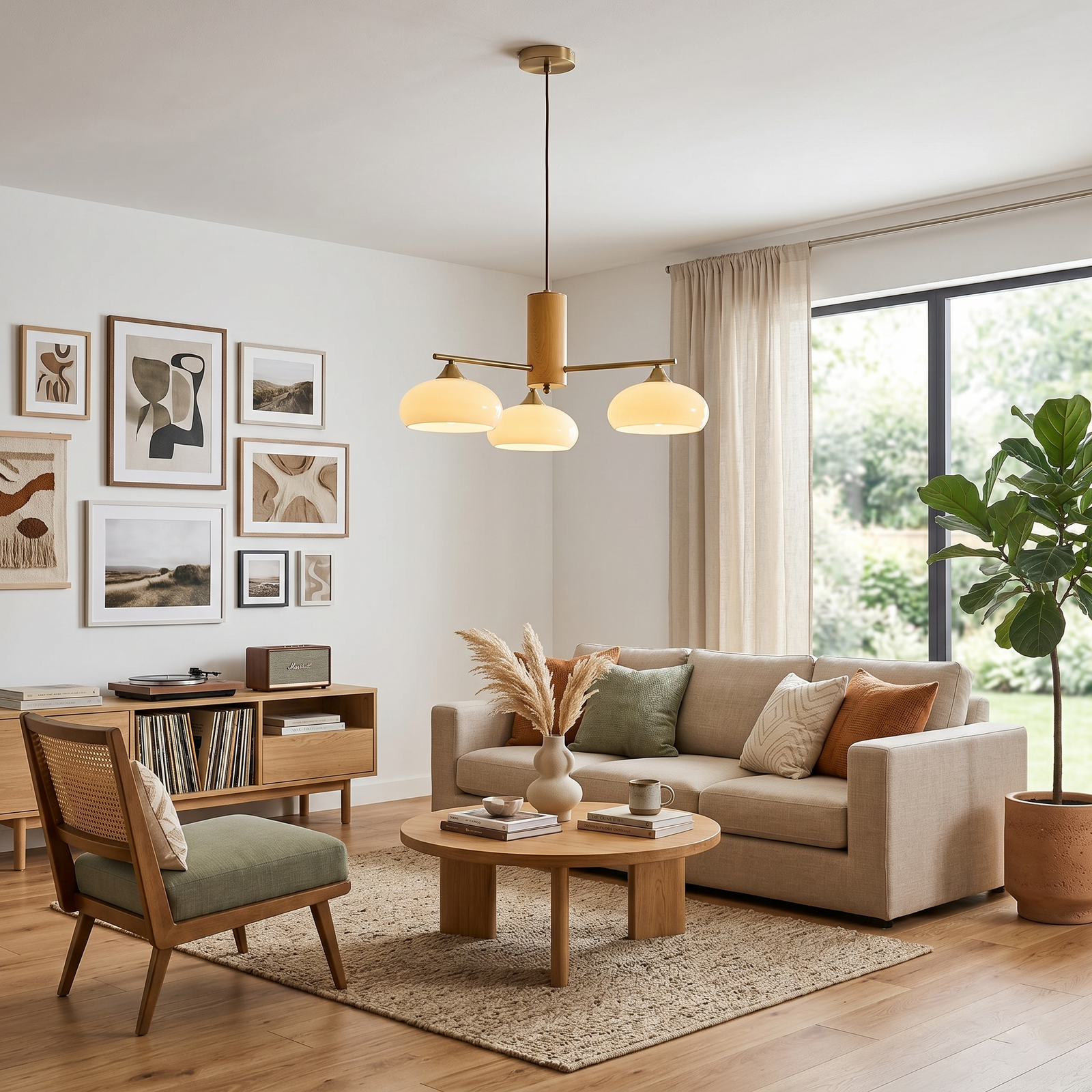 Mid Century Modern Wood Glass Chandelier Over Living Room