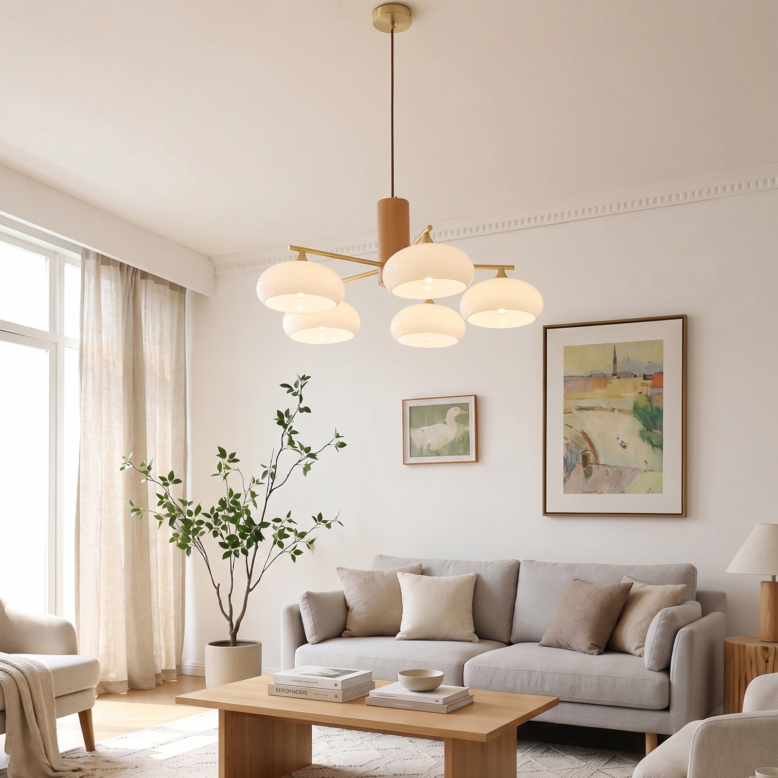 Mid Century Modern Wood Glass Chandelier Over Living Room Seating Area