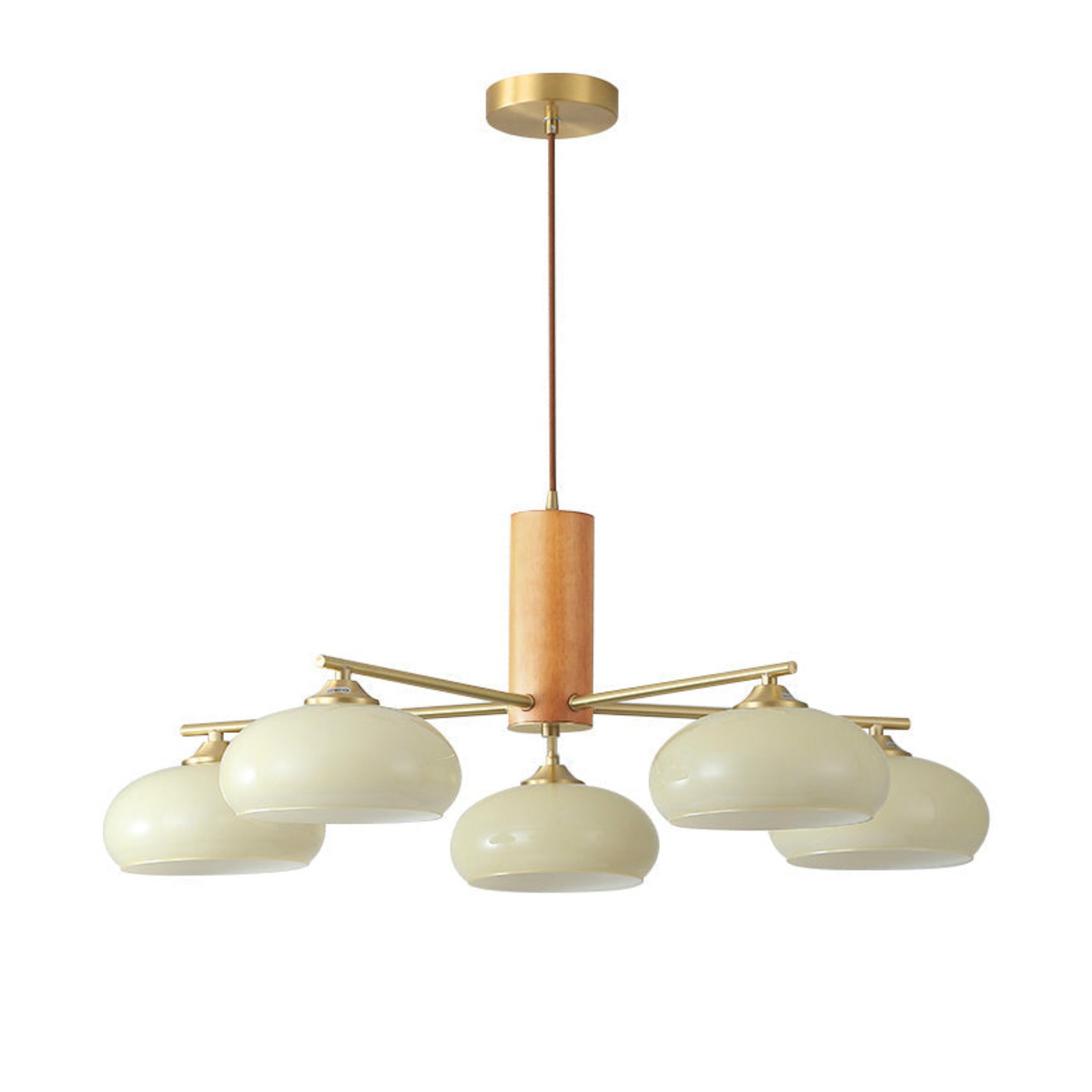 Mid Century Modern Wood Glass Mushroom Chandelier on Pure White Background