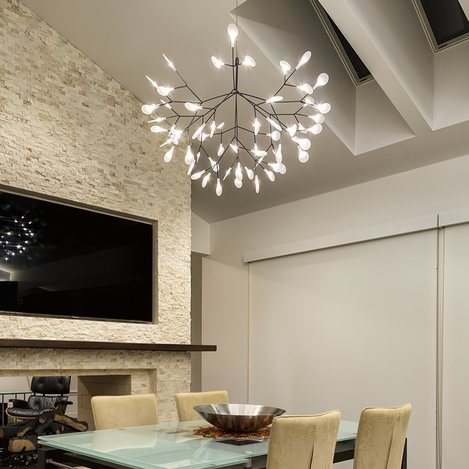 Modern Branching Firefly Chandelier Over Living Room Area