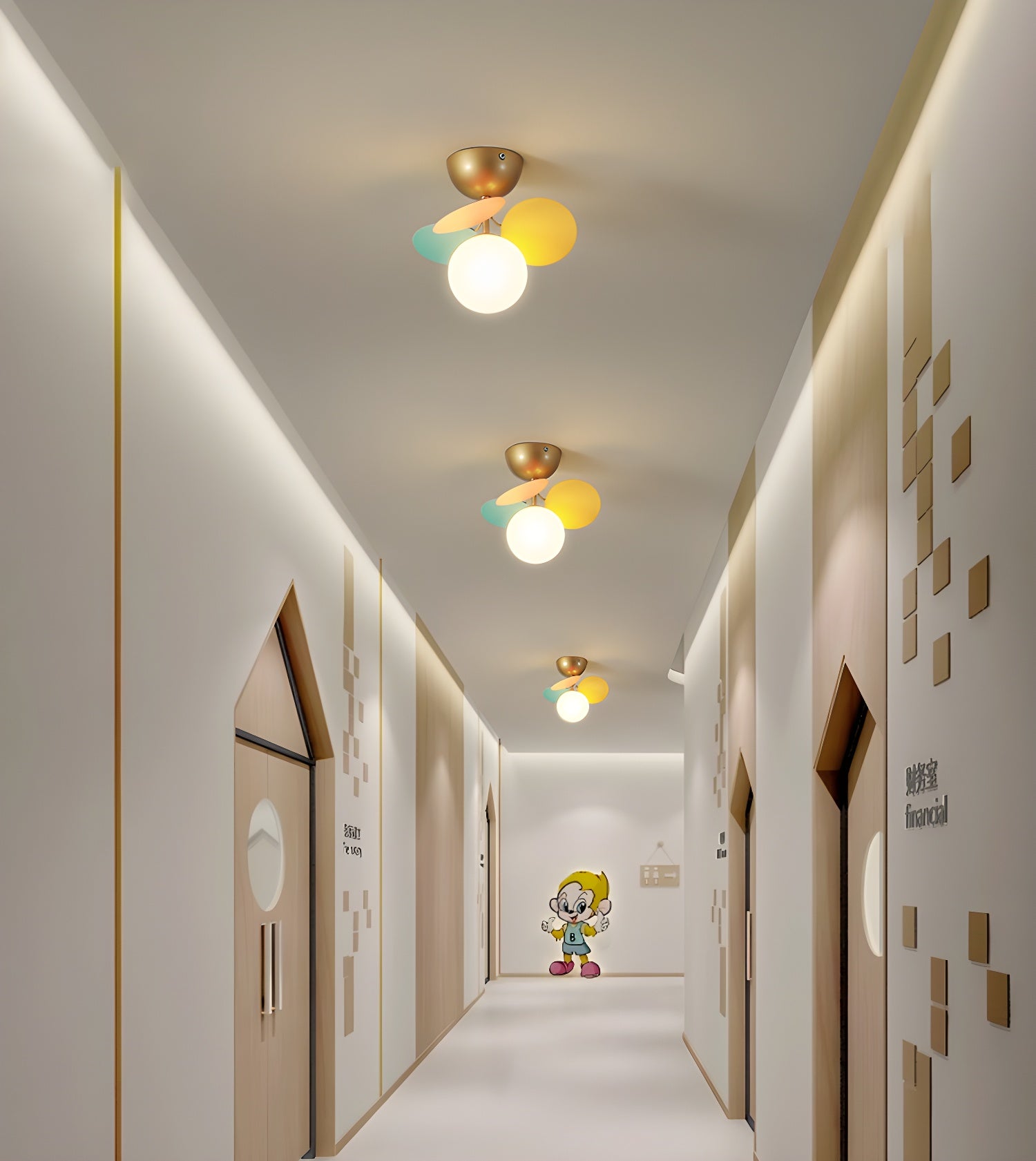 Series of Colorful Petal Ceiling Lights Illuminating Hallway