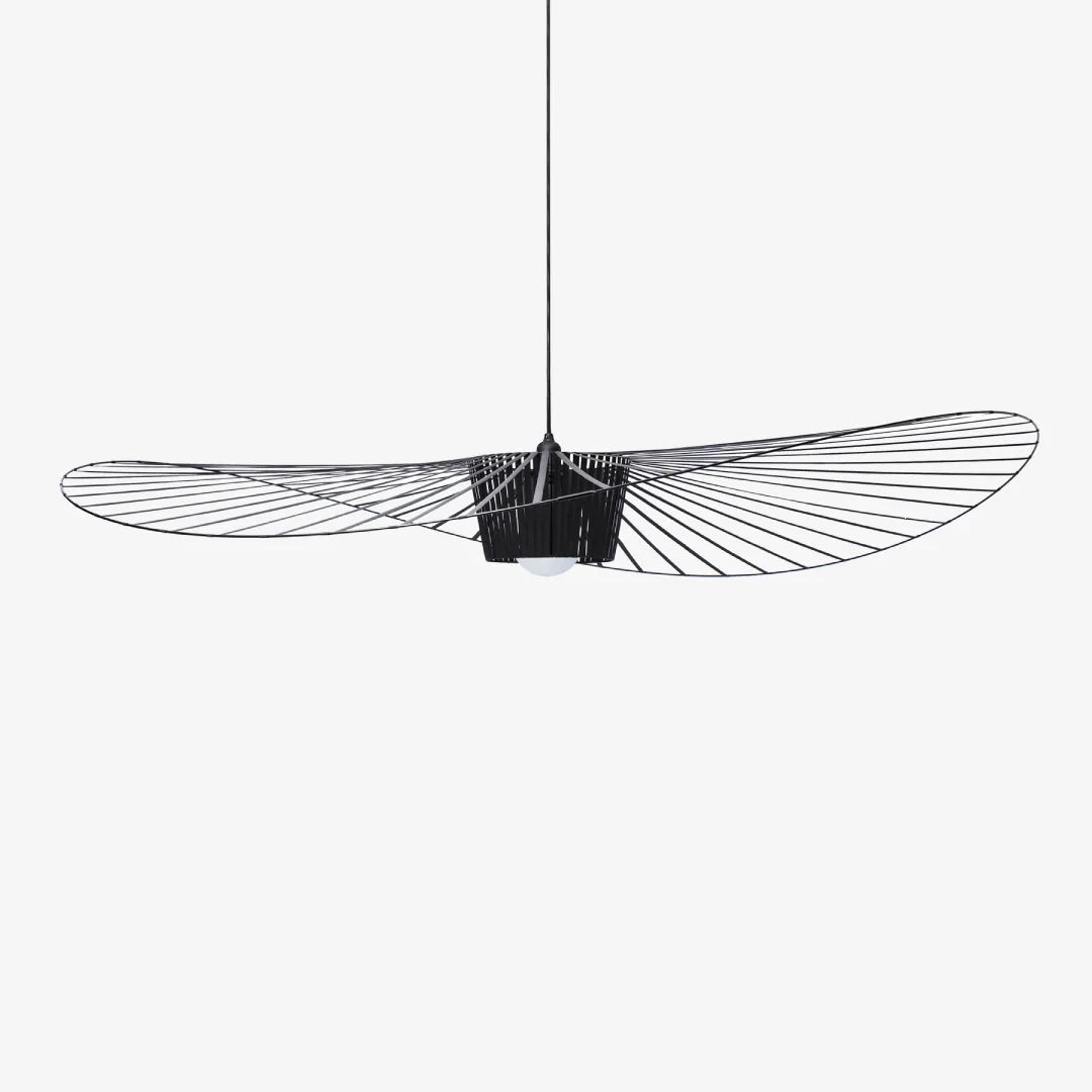 Horizontal View of Modern Black Wire Large Brim Pendant Light Studio Shot