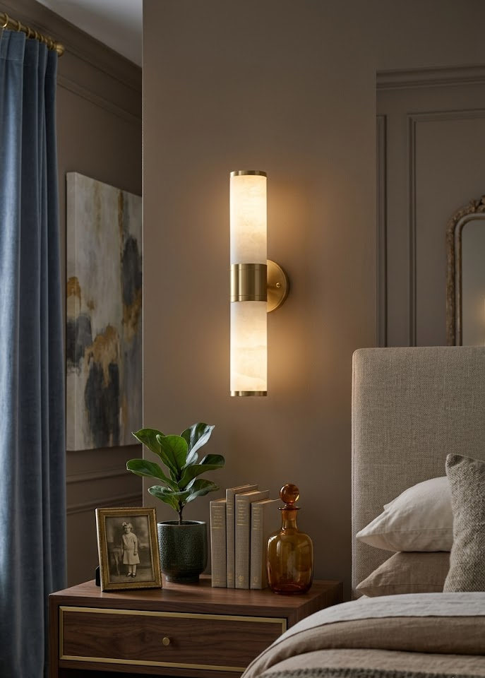 Illuminated vertical alabaster wall lamp beside bed paneled bedroom interior design