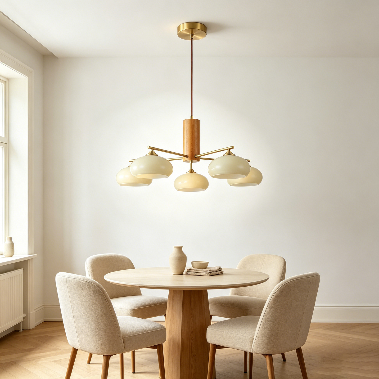 Modern Cream Glass Mushroom Chandelier Over Round Dining Table