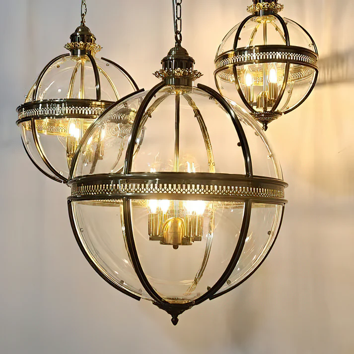Set of Brass Globe Lantern Pendant Lights Studio Display