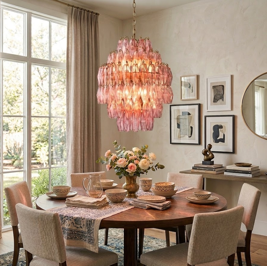 Pink Faceted Glass Prism Chandelier
