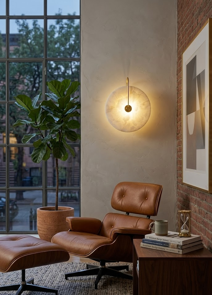 Warm lit alabaster disc wall sconce mounted on textured plaster wall mid century living room interior