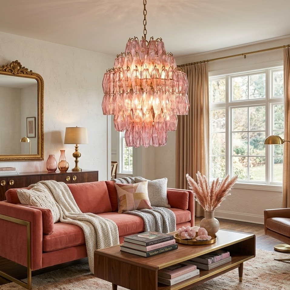 Pink Faceted Glass Prism Chandelier