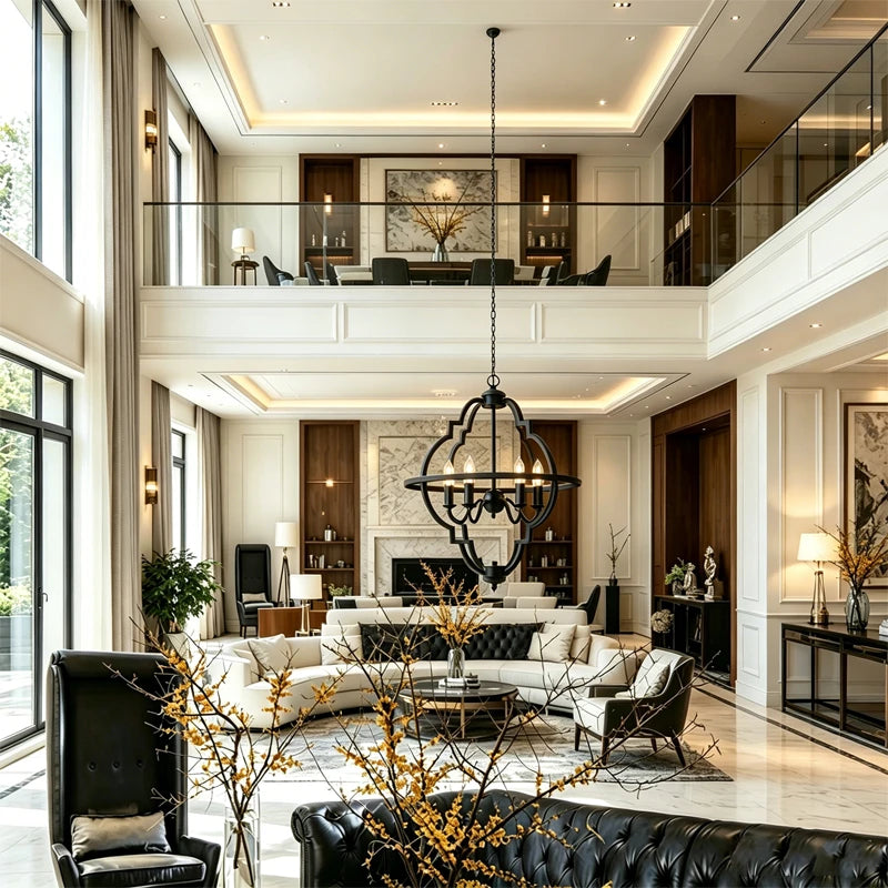 Large Black Clover Lantern Chandelier Over High Ceiling Living Room