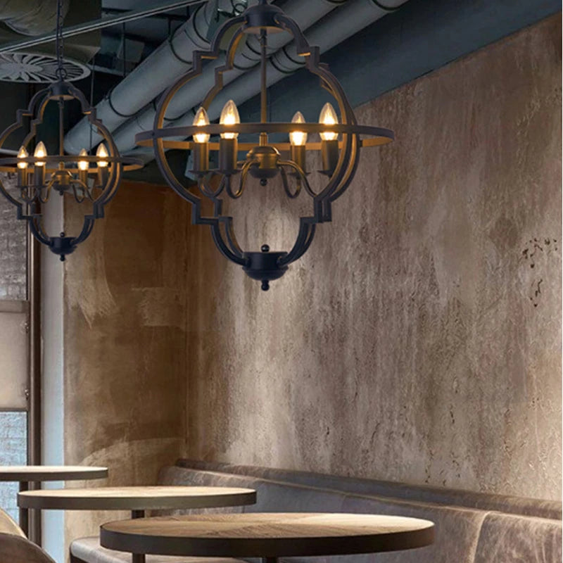 Industrial Black Clover Pendant Lights Over Restaurant Seating
