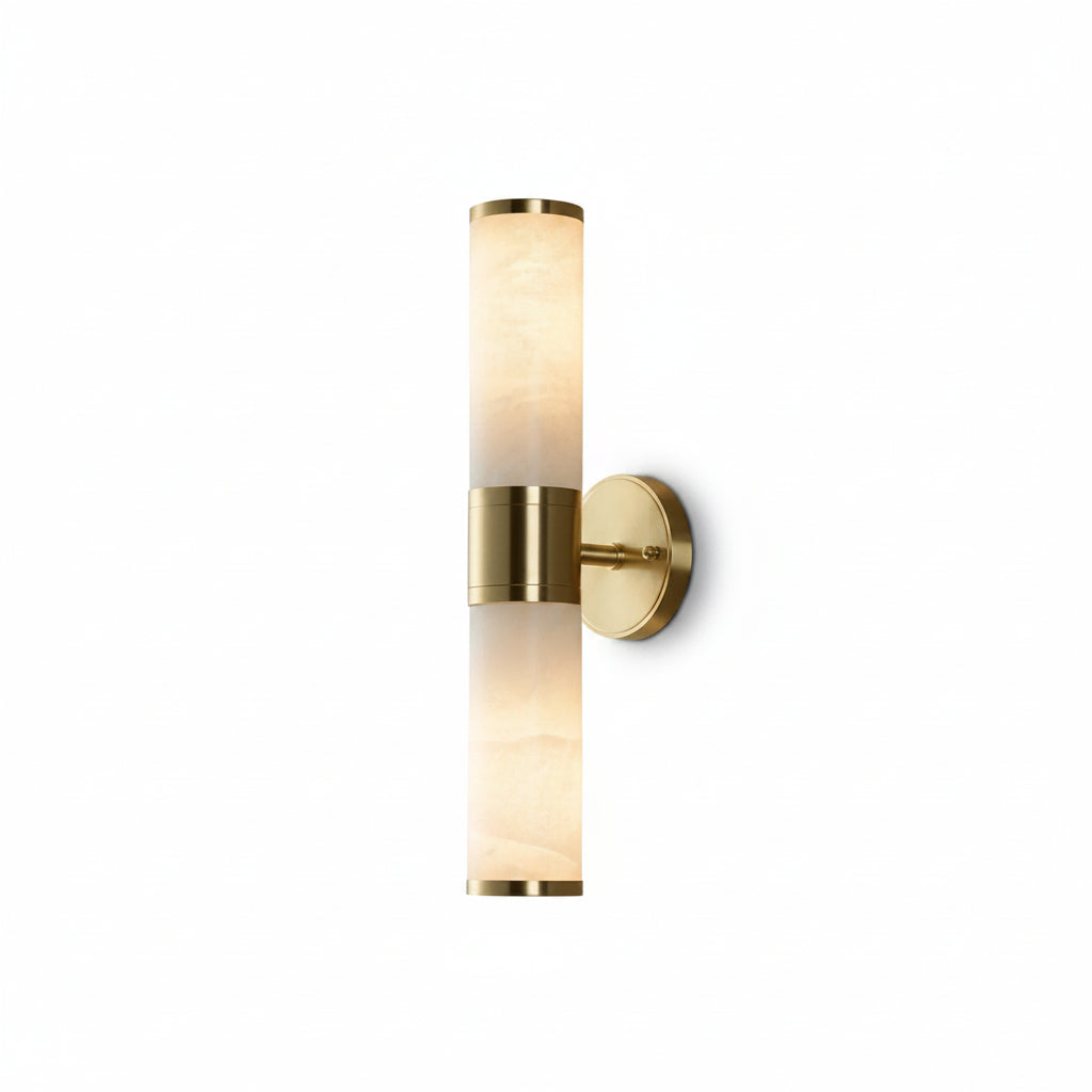 Lampatron Alabaster Wall Lamp vertical double cylinder natural alabaster sconce polished brass fixture isolated white background