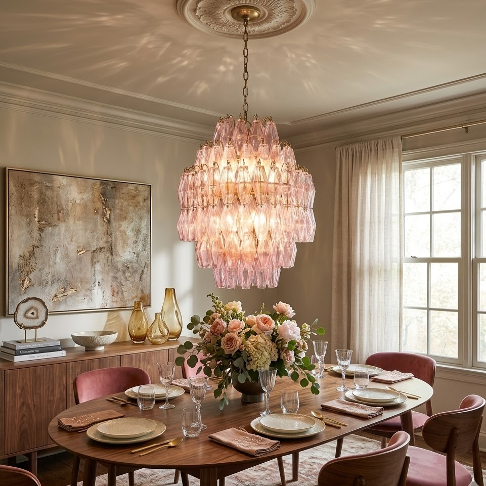 Pink Faceted Glass Prism Chandelier