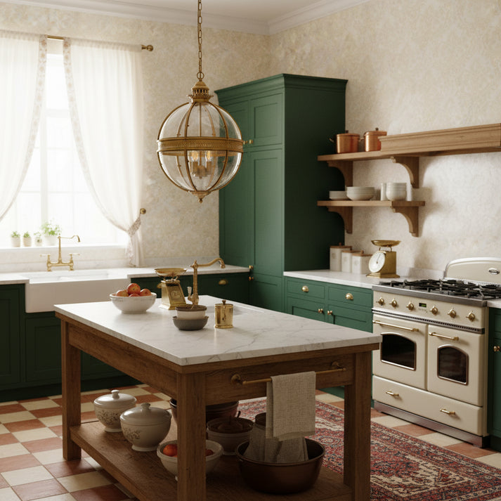 Farmhouse Brass Globe Lantern Pendant Light Over Kitchen Island