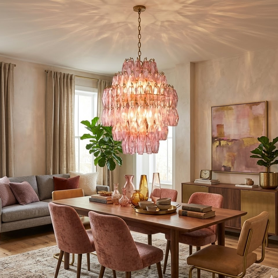 Pink Faceted Glass Prism Chandelier