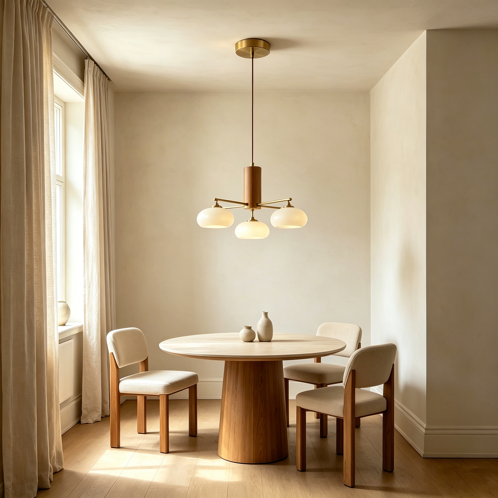 Japandi Wood Mushroom Chandelier Over Dining Area