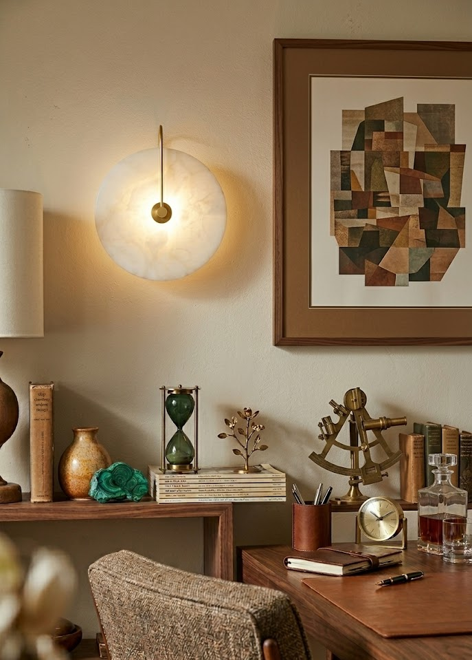 Glowing alabaster disc wall light above wooden desk beside framed artwork study room