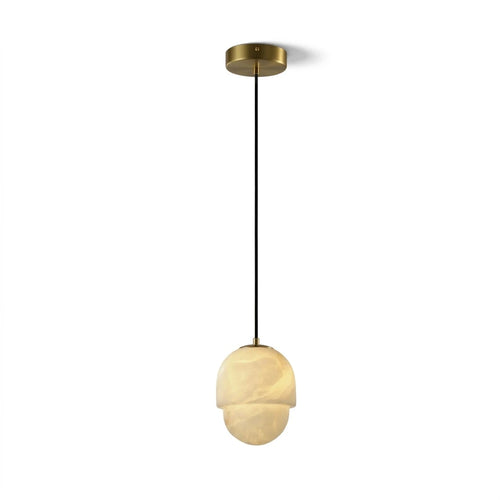 Modern Acorn Alabaster Pendant Light with Brass Canopy on Pure White Background