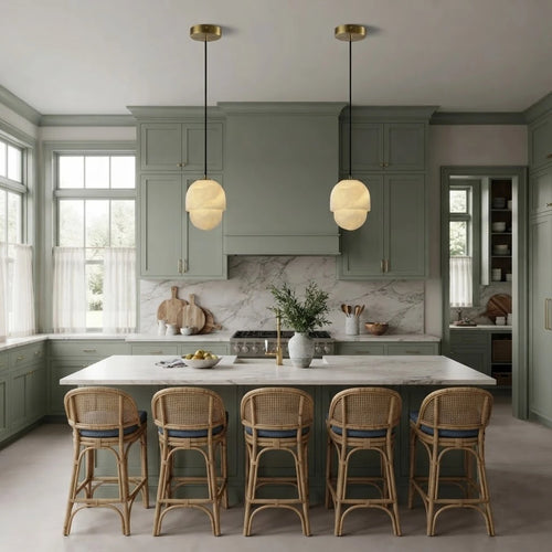 Modern Acorn Alabaster Pendant Light Over Kitchen Island