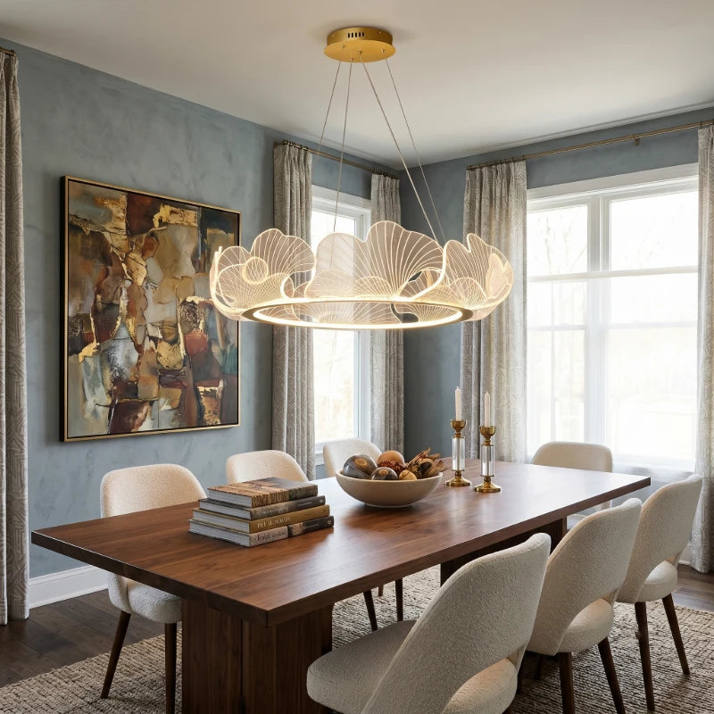 Modern Ginkgo Leaf Ring Chandelier Over Dining Room Table