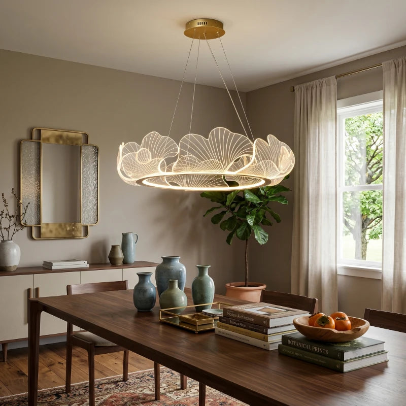 Modern Organic Ginkgo Leaf Chandelier Over Long Dining Table