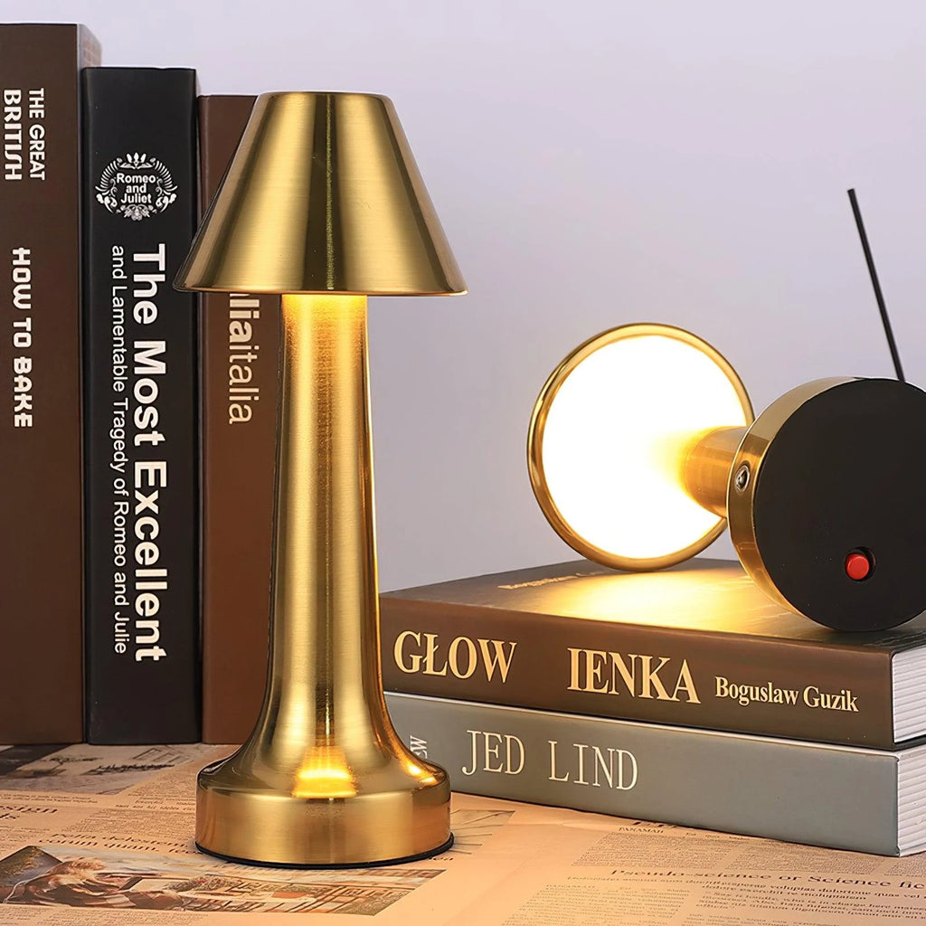 Modern Brass Cordless Touch Table Lamp in Elegant Study Room Setting