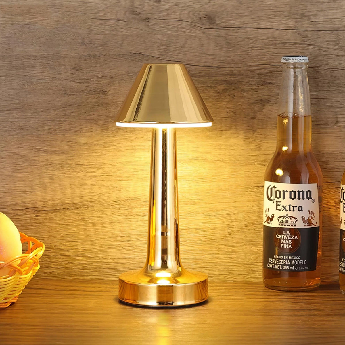 Illuminated Modern Brass Cordless Touch Table Lamp on Wooden Table Setting