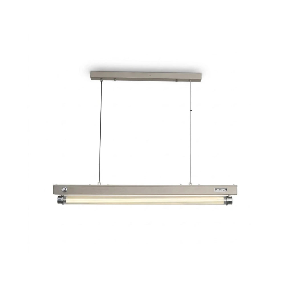Modern Wood and Metal Linear Pendant Light with Brushed Canopy on Pure White Background
