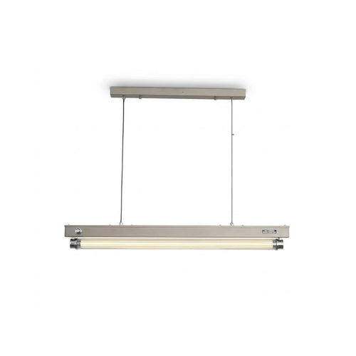 Modern Wood and Metal Linear Pendant Light with Brushed Canopy on Pure White Background