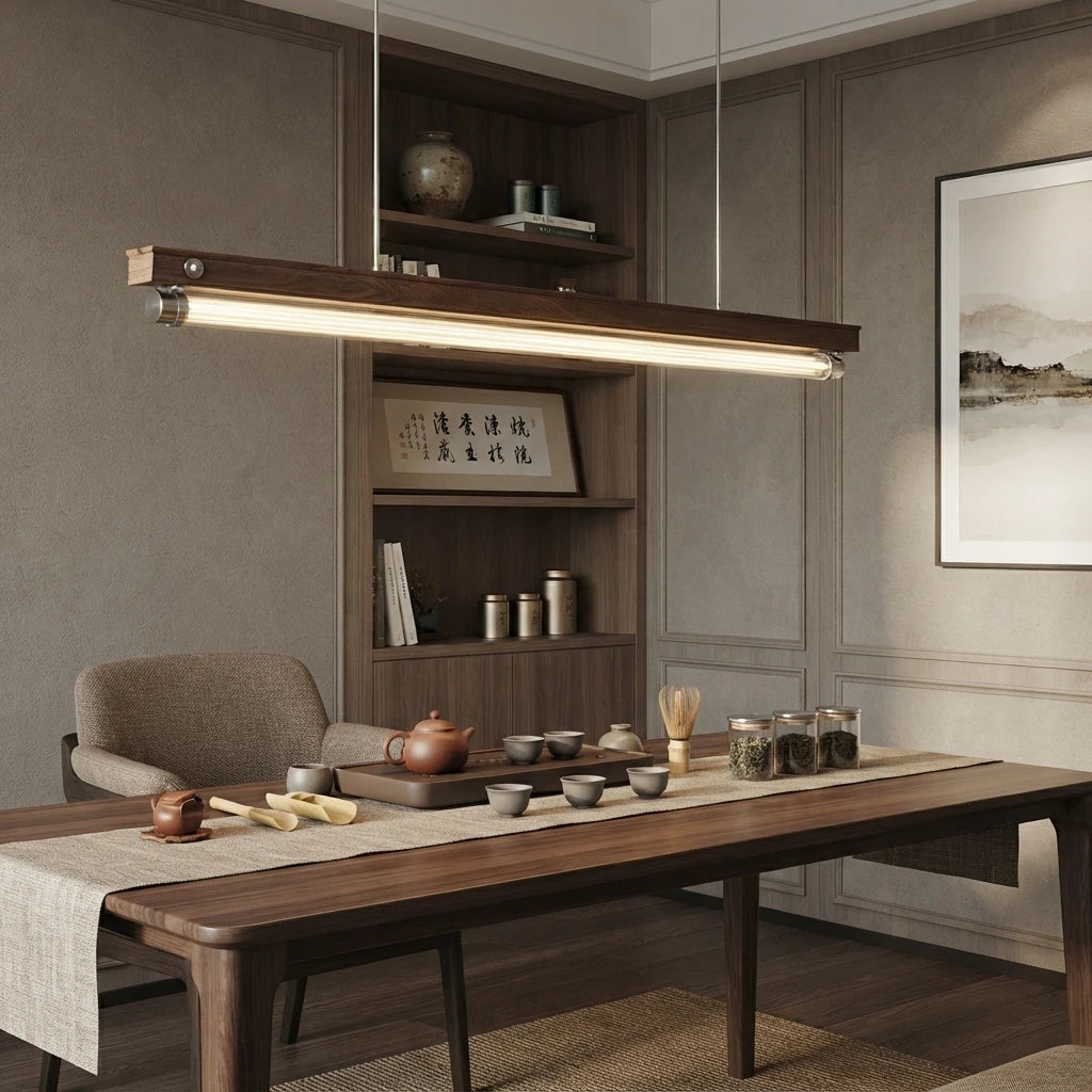 Modern Wood and Metal Pendant Light in Minimalist Dining Area