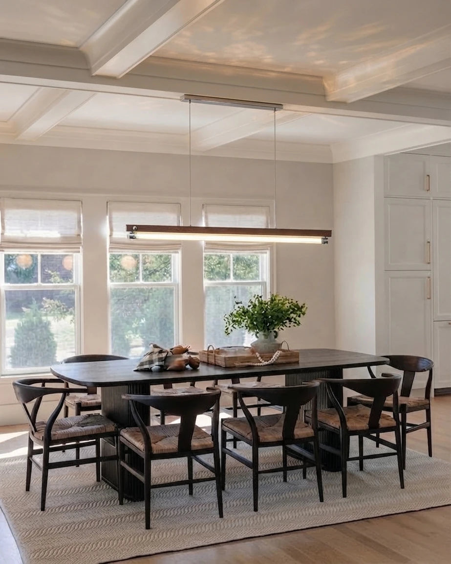 Modern Wood Linear Pendant Light in Bright Dining Space
