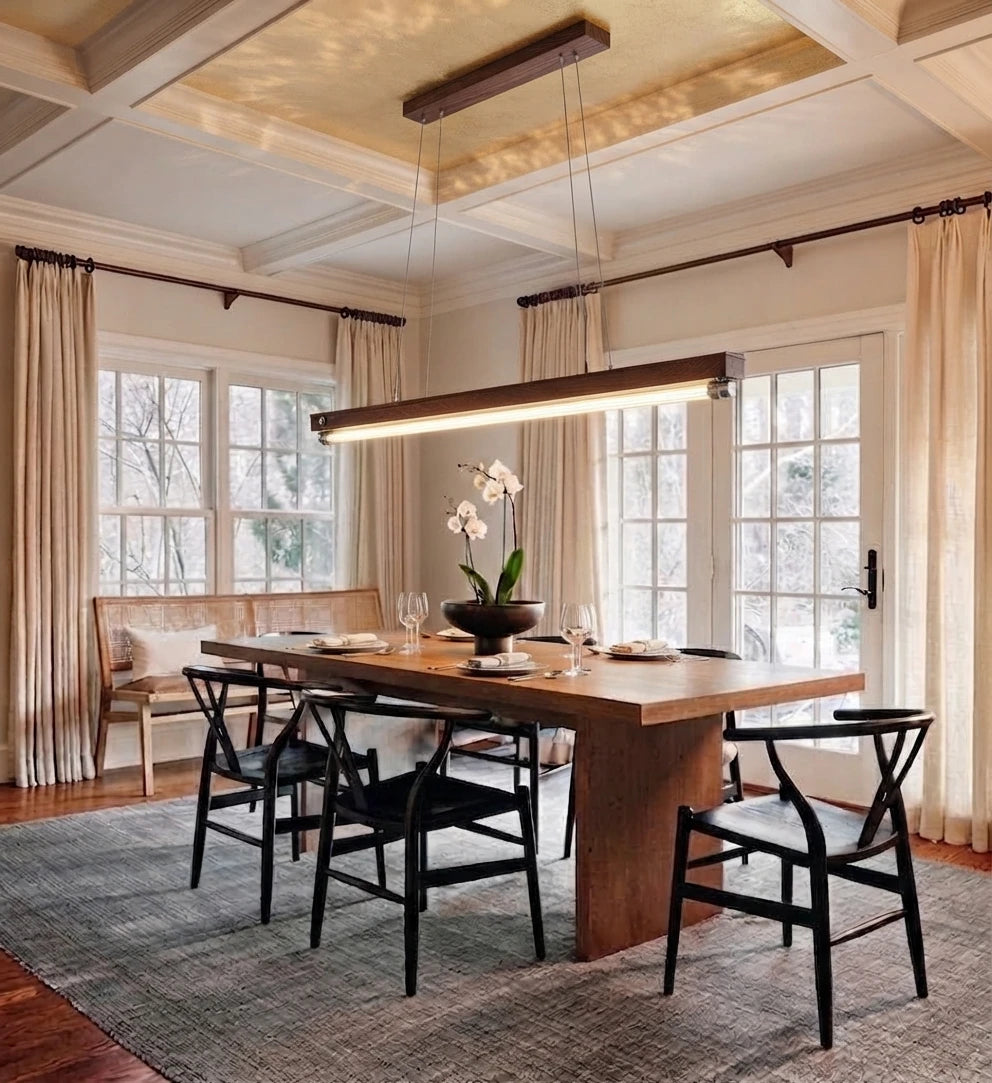 Modern Wood and Metal Pendant Light Over Wooden Dining Table
