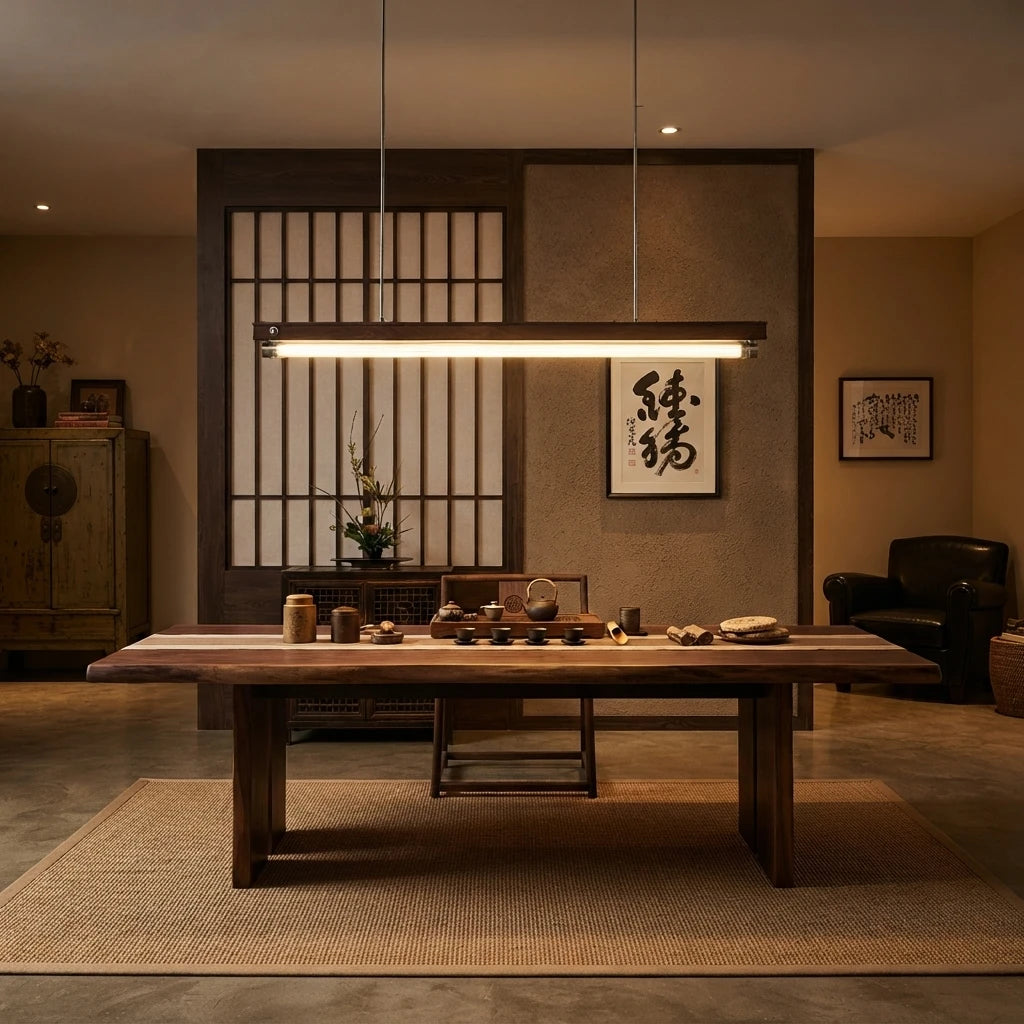 Modern Linear Pendant Light in Zen Tea Room Setting