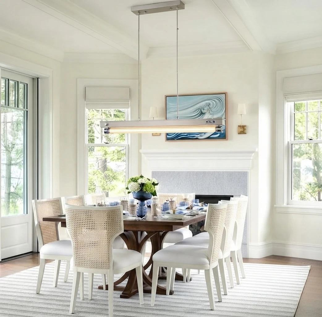 Modern Wood Linear Pendant Light in Bright Dining Room