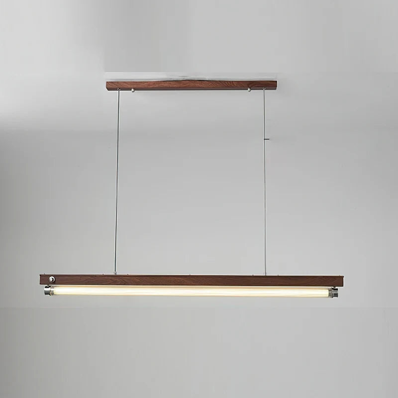Angled View of Illuminated Modern Wood Linear Pendant Light