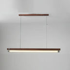 Angled View of Illuminated Modern Wood Linear Pendant Light