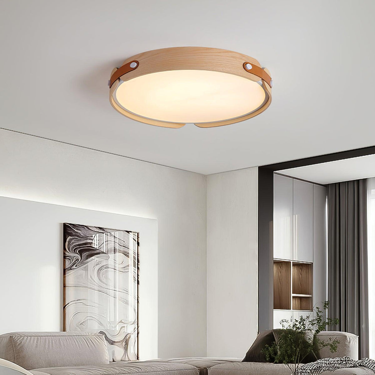 Natural Oak Wooden Drum Flush Mount Light in Bright Living Room