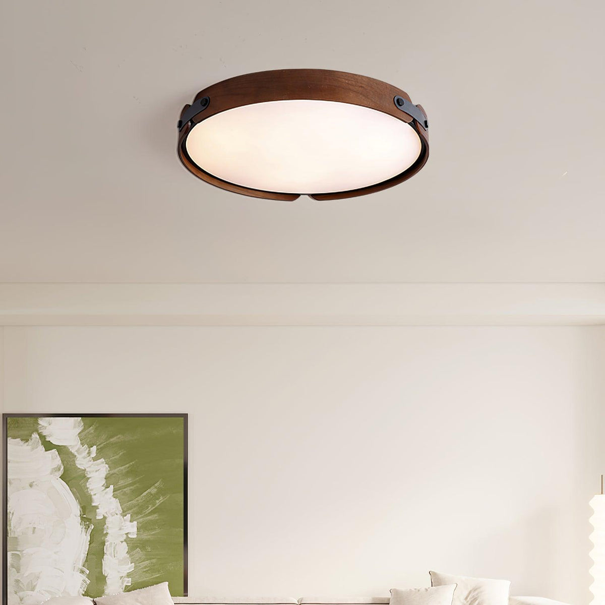 Walnut Round Wooden Drum Ceiling Light in Contemporary Living Room