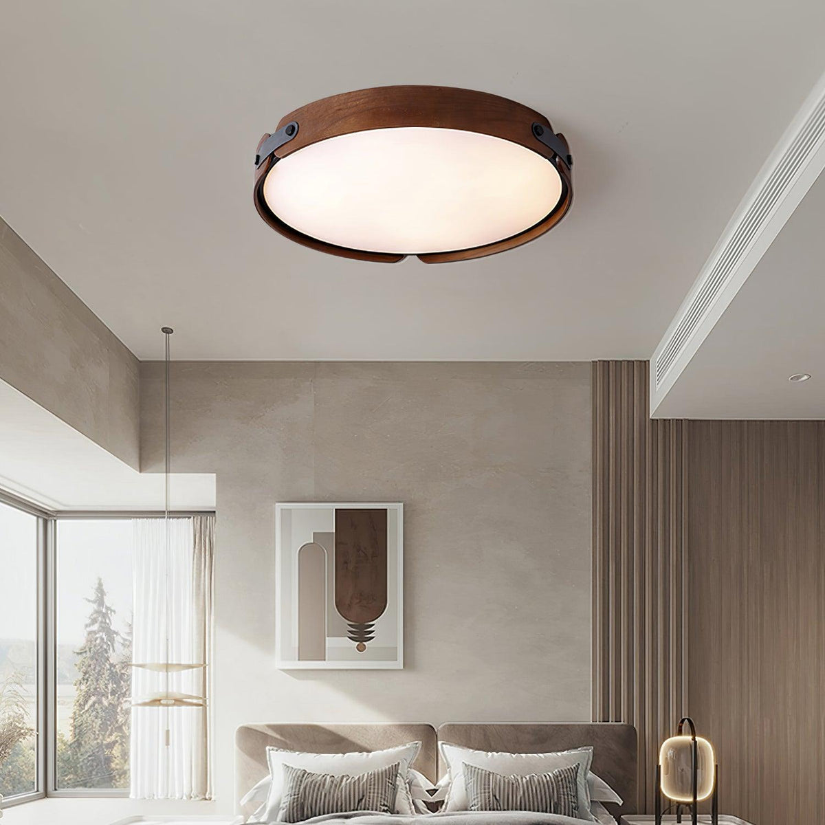 Walnut Wooden Drum Flush Mount Light Illuminating Bedroom