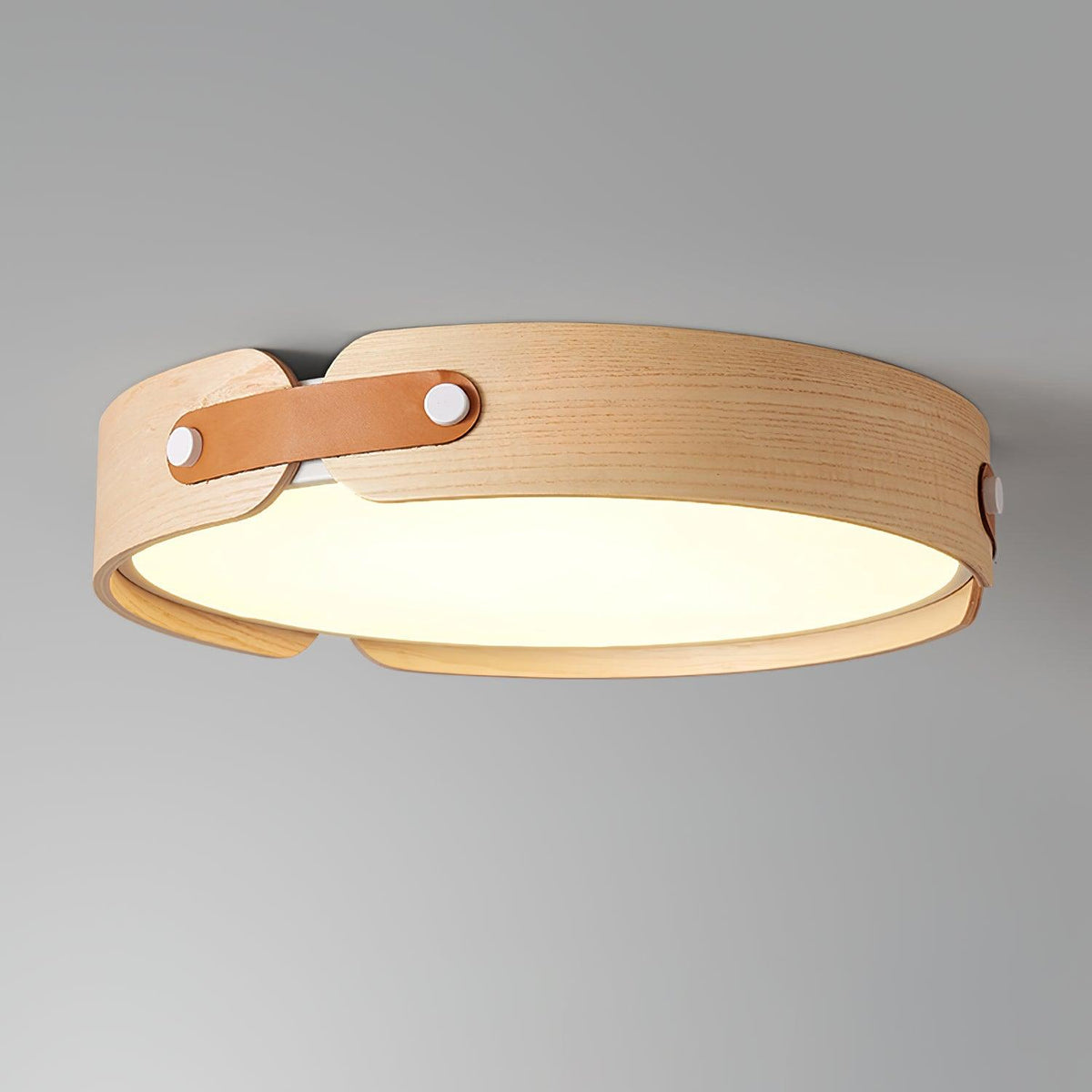 Illuminated Natural Oak Wooden Drum Ceiling Light Studio Display