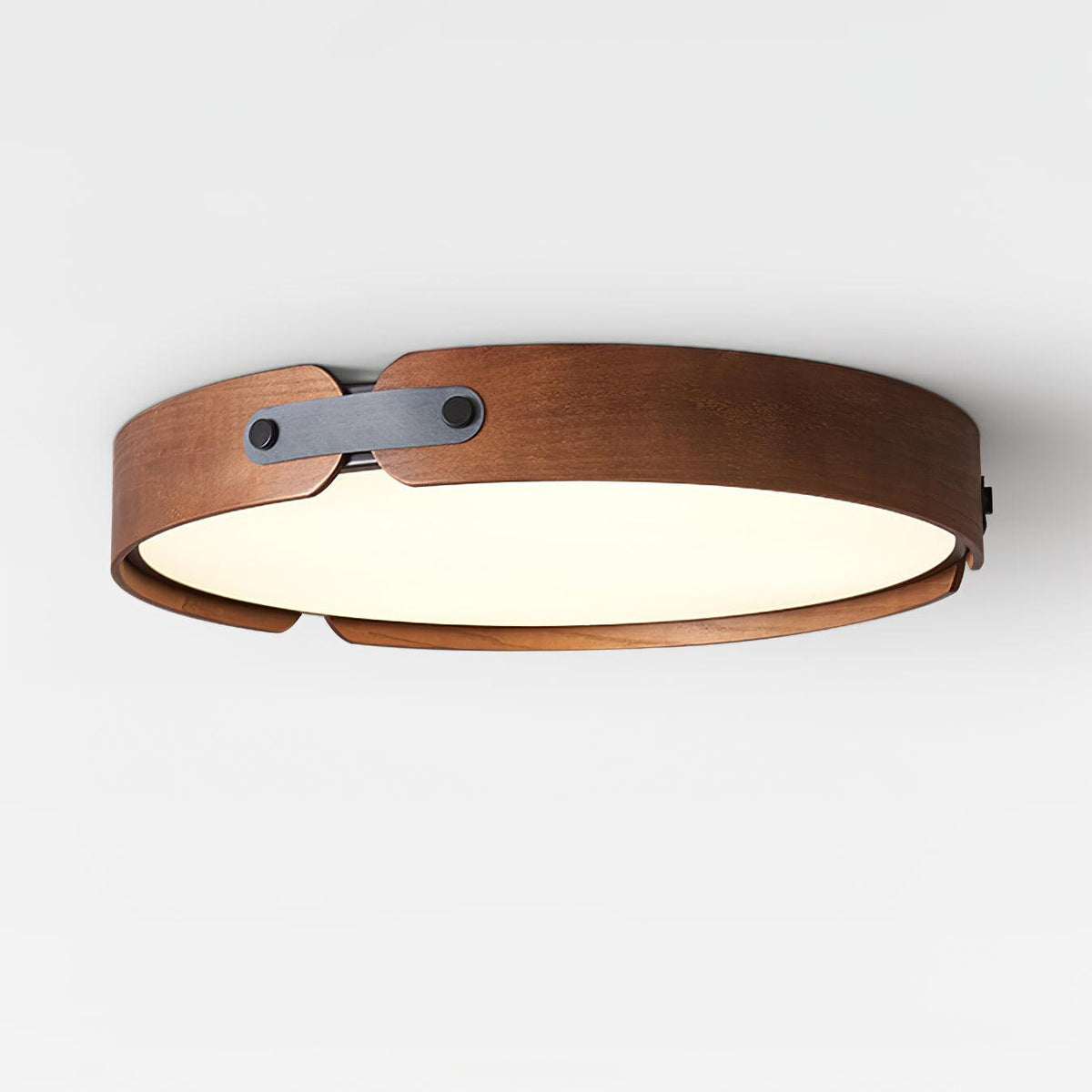 Side Angle View of Walnut Wooden Drum Flush Mount Light