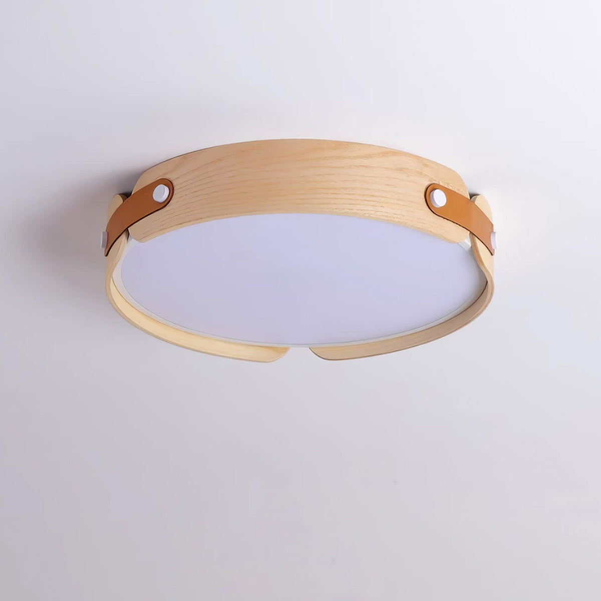 Natural Oak Wooden Drum Flush Mount Ceiling Light Studio Product Shot