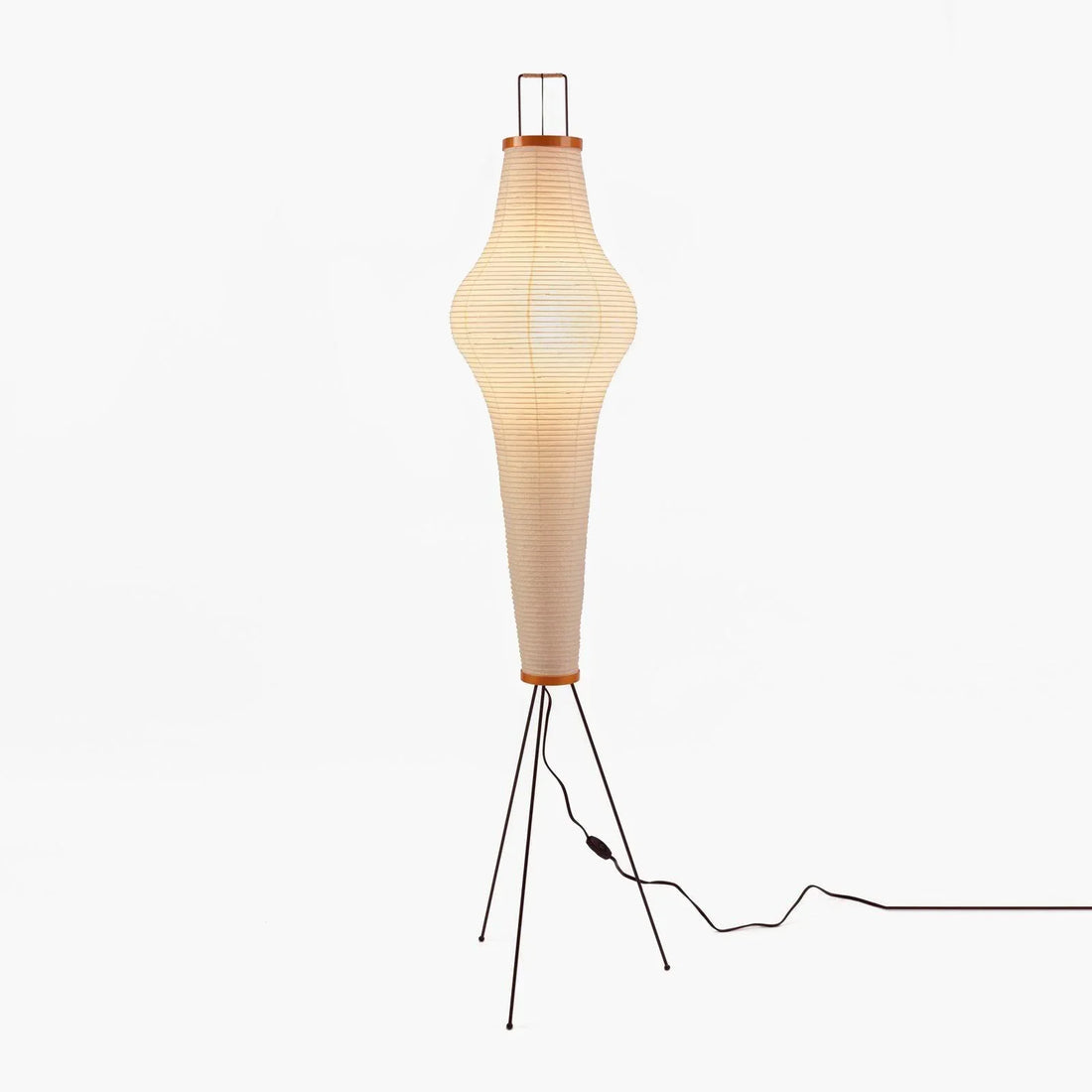 Tall slender Akari paper floor lamp variant isolated white background with power cord