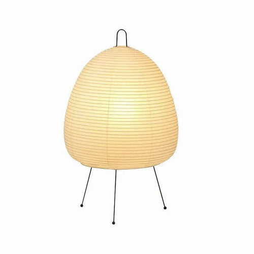 Modern Japanese Dome Paper Lantern Table Lamp with Black Metal Tripod Stand on Pure White Background