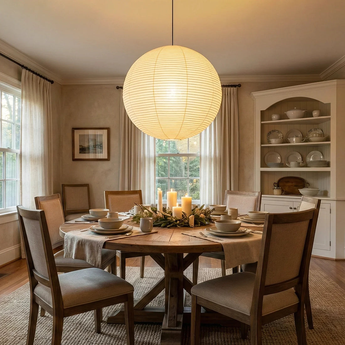 Akari A Paper Pendant Light hanging above traditional styled wooden dining set