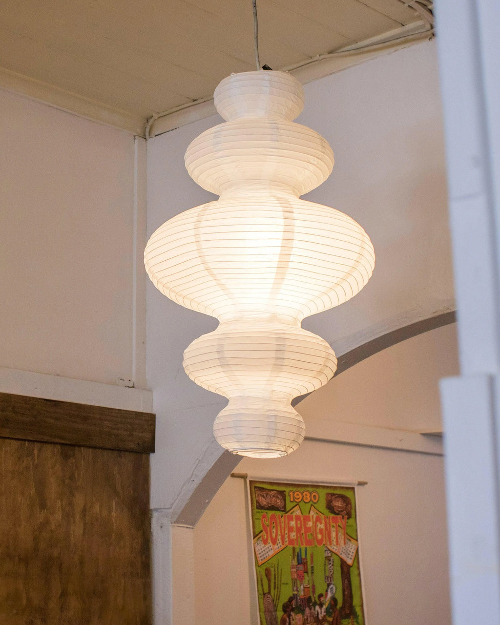 Large Multi Tiered Silk Pendant Light in Japandi Living Room