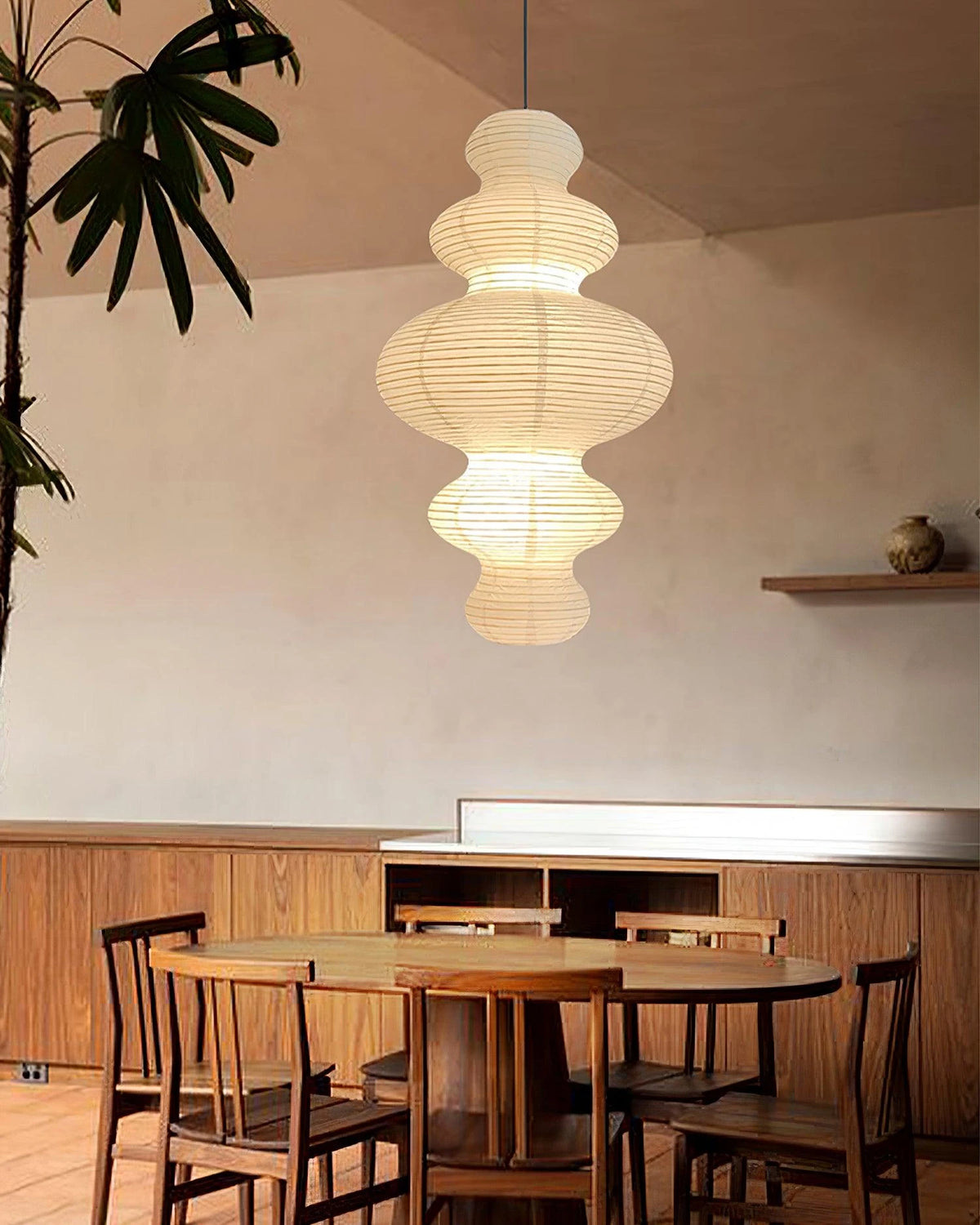 Japandi Silk Lantern Pendant Light Over Wooden Dining Table
