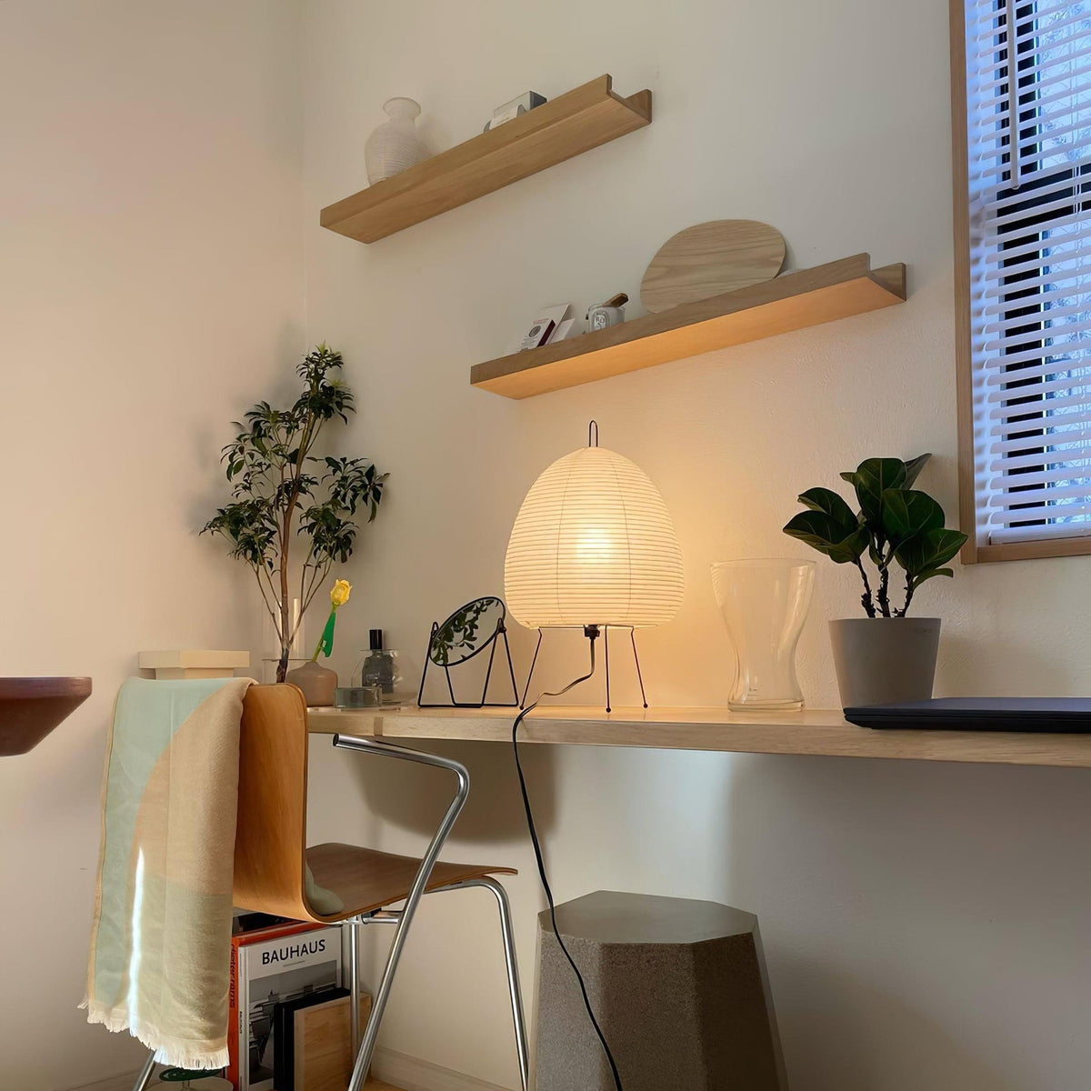 Small Akari Paper 1A Table Lamp on wall shelf bright window workspace