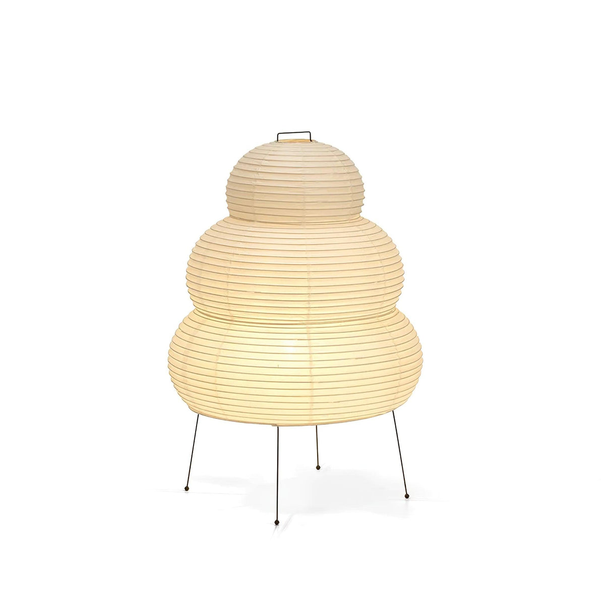 Akari Paper 25N Table Lamp isolated white background, triple gourd noguchi rice paper table light